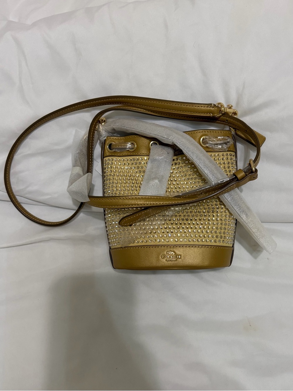 NWT Coach CW301 Gold Crystal Mini Bucket Bag